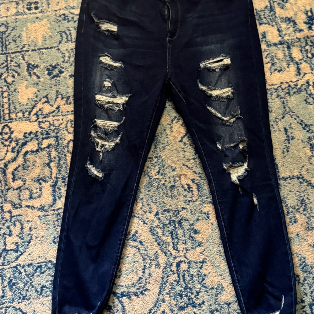 Chic Soul Dark Blue Distressed Skinny Jeans